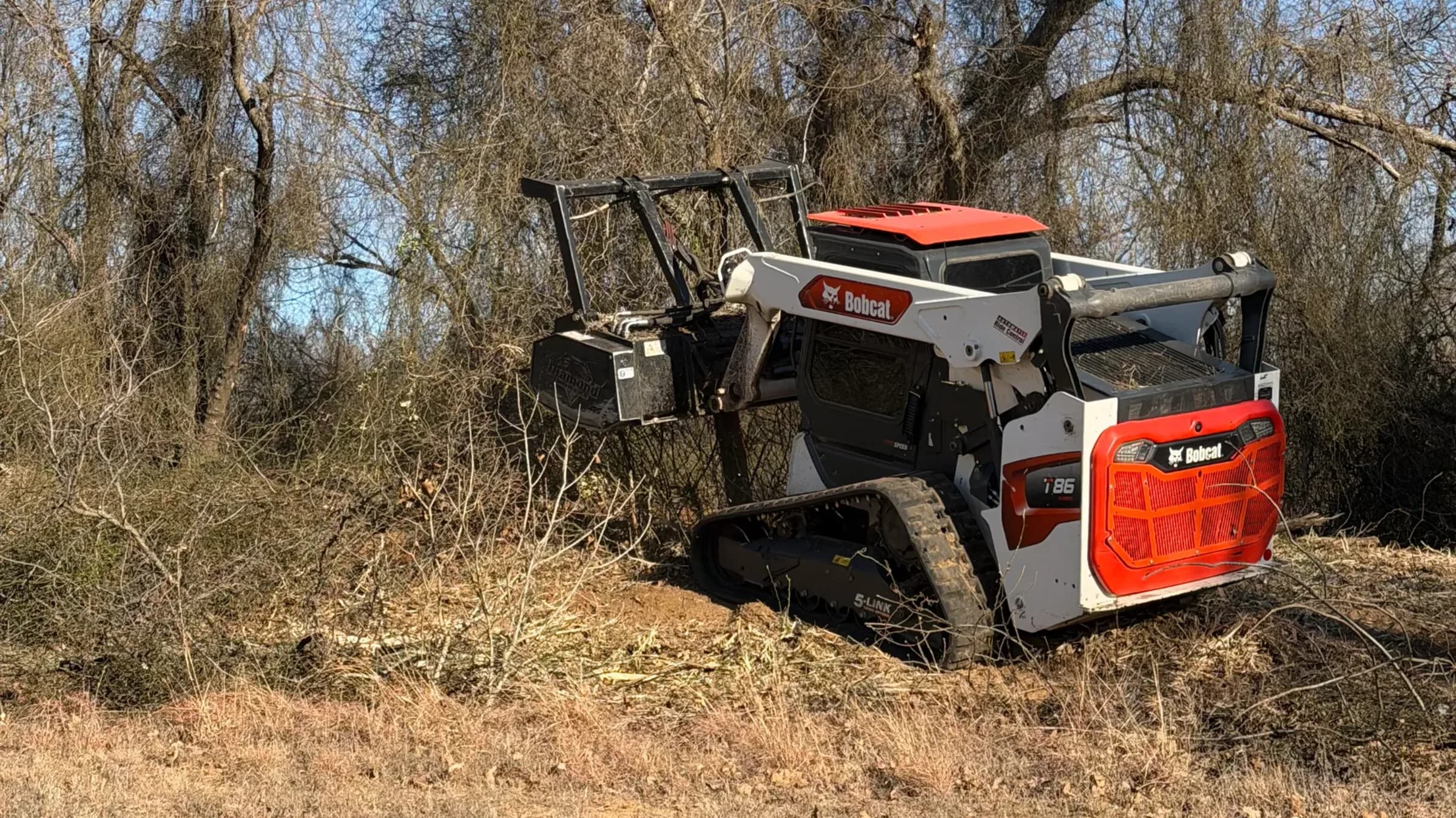 A compact track loader running a forestry mulching head into heavy brush under bare winter trees